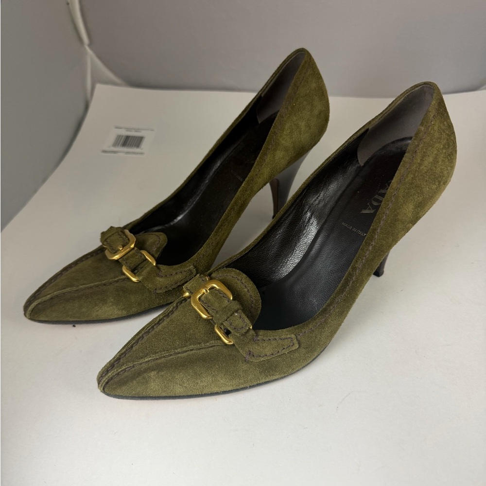 Prada Olive Suede Heels with Gold Buckle